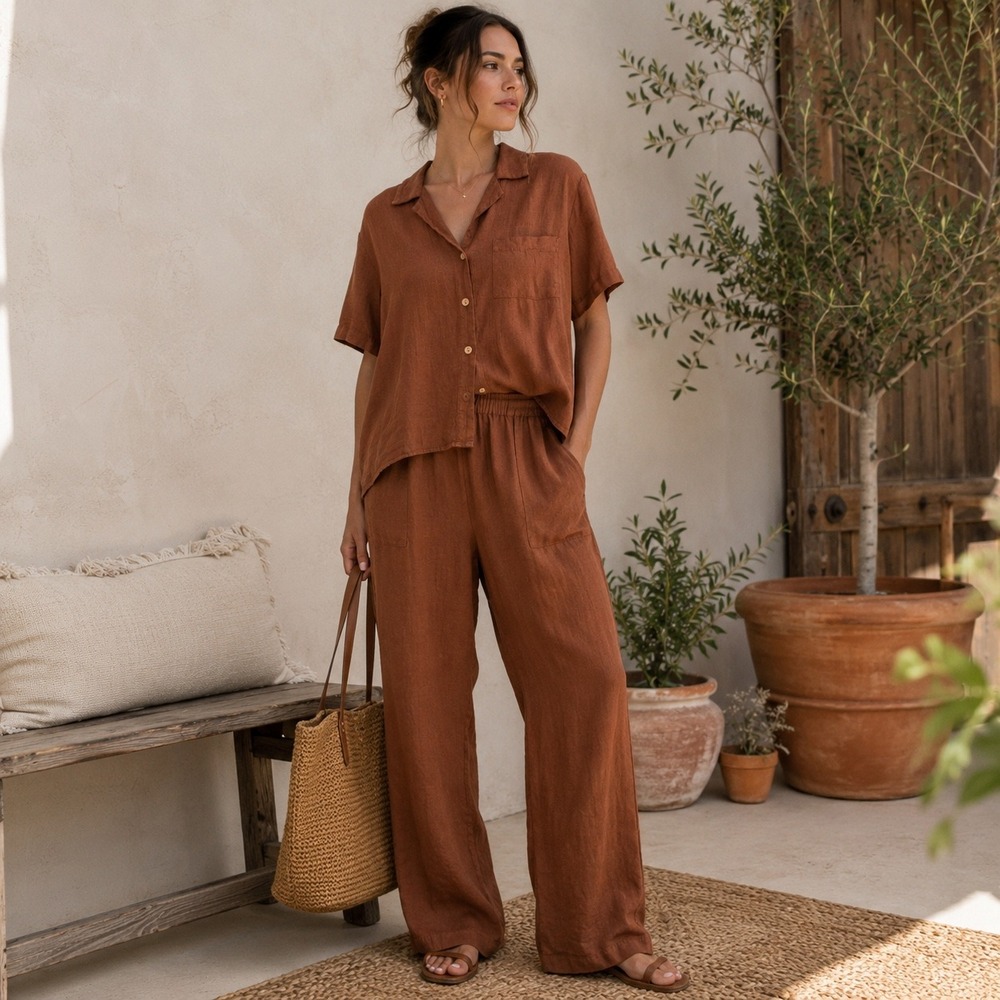 MATE Los Angeles 100% Linen Matching Set Rust Brown Button Down Shirt Pants L